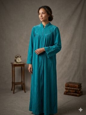 Vintage Turqoise Full Zip Long Sleeve Women's Robe House Coat Pockets Ptp19 L57